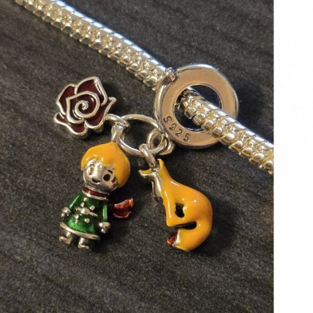 Sterling Silver 925 The Little Prince Pandora charm trio fox, flower